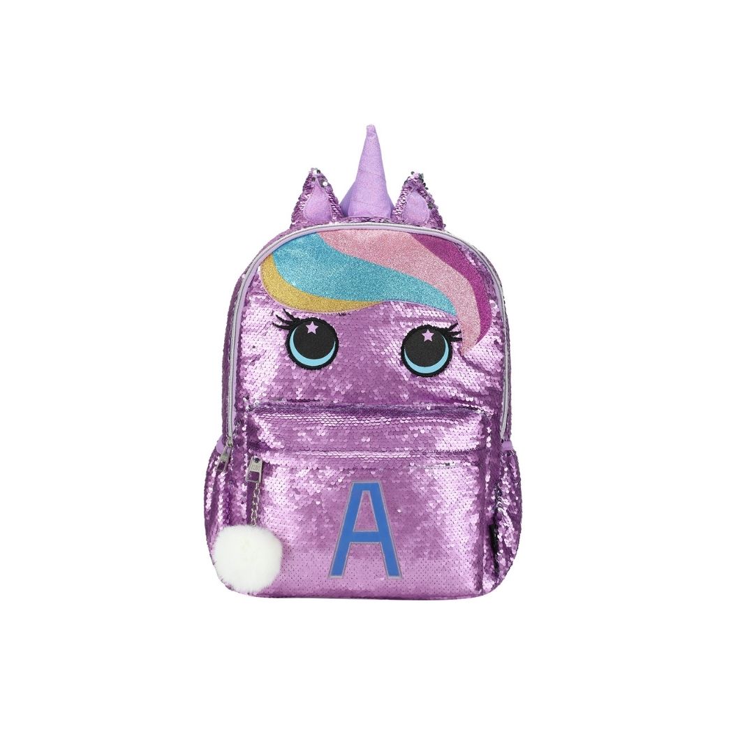 Cute purple Unicorn junior student sequin backpack with Letter A