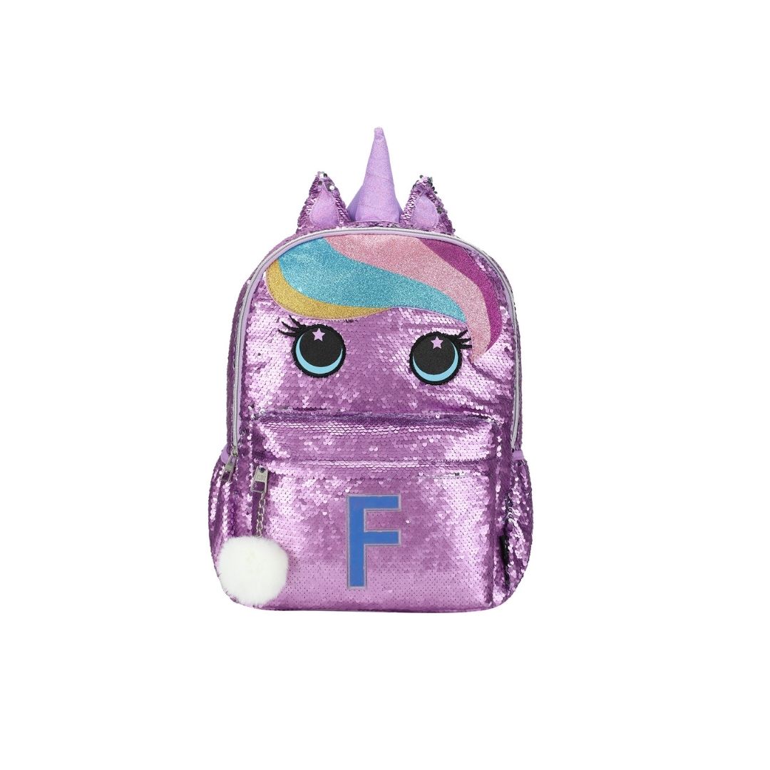 Cute purple Unicorn junior student sequin backpack with Letter F