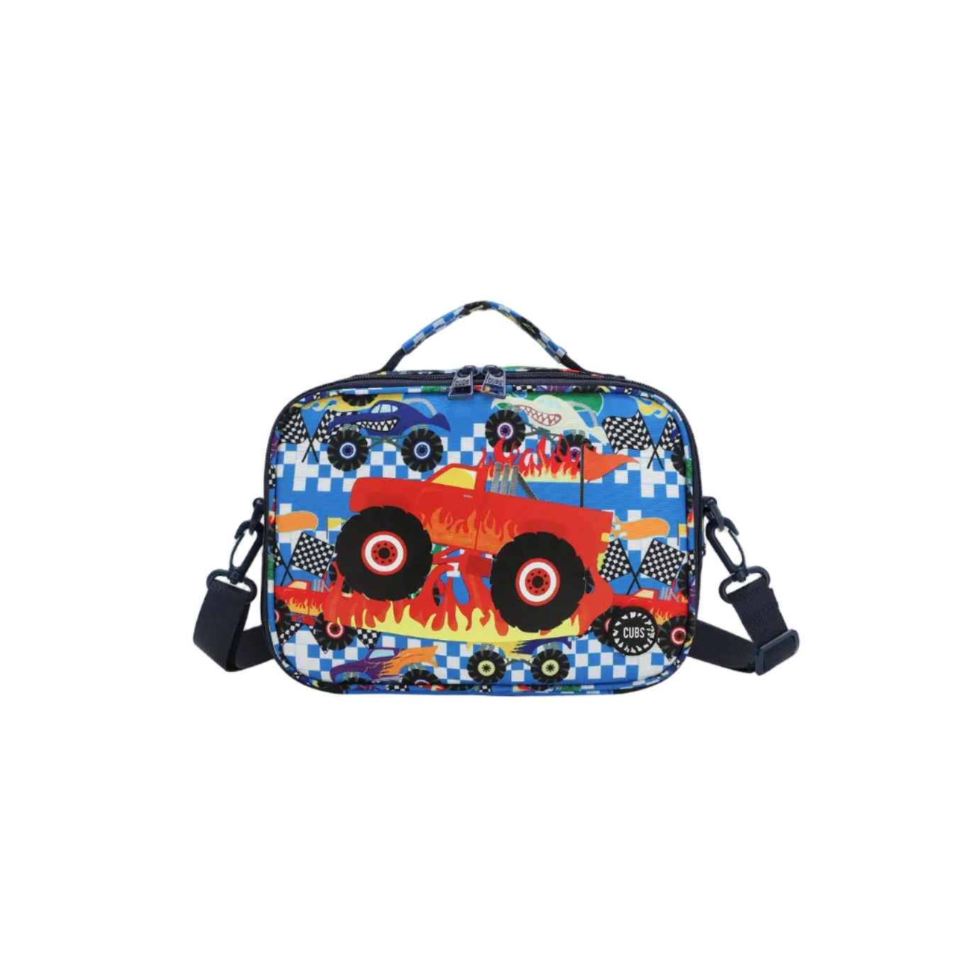 Monster Truck in Flames cross body lunch bag