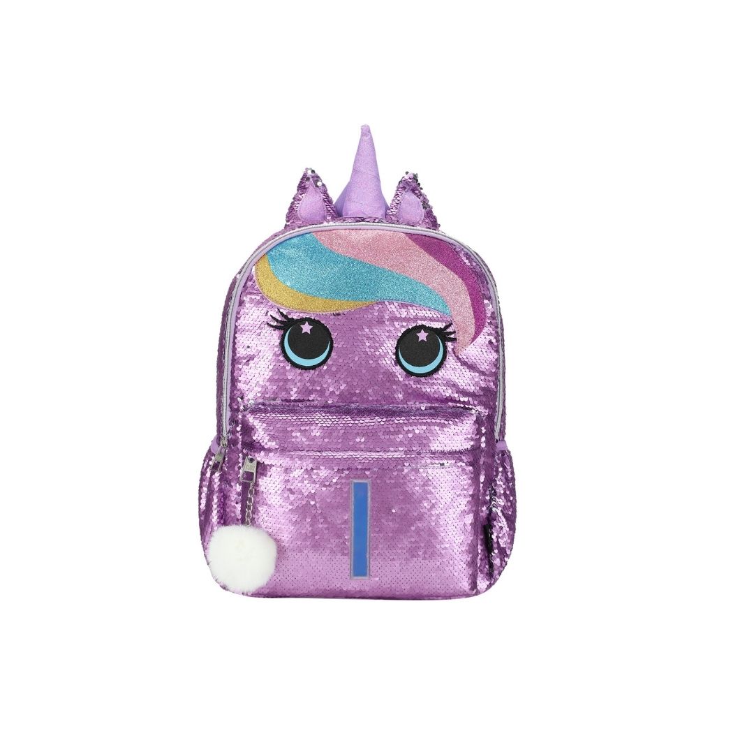 Cute purple Unicorn junior student sequin backpack with Letter I
