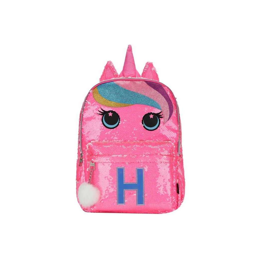 Cute Hot Pink Unicorn junior student sequin backpack with Letter H