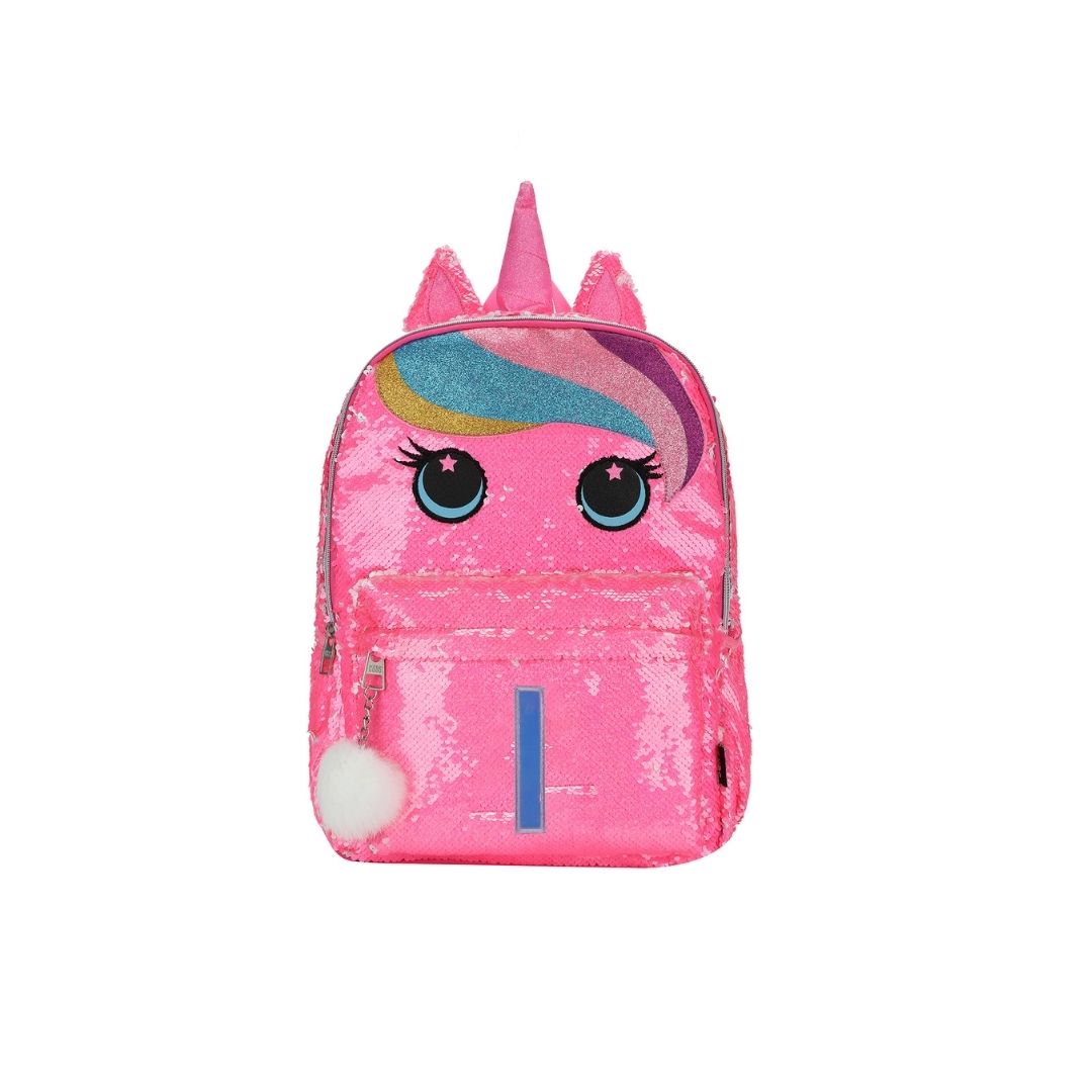 Cute Hot Pink Unicorn junior student sequin backpack with Letter I