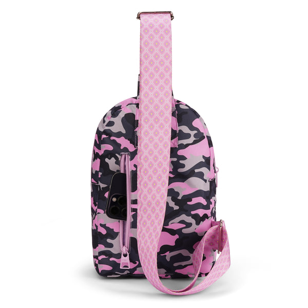 Grey Camo Sling Front Zipper Crossbody Bag