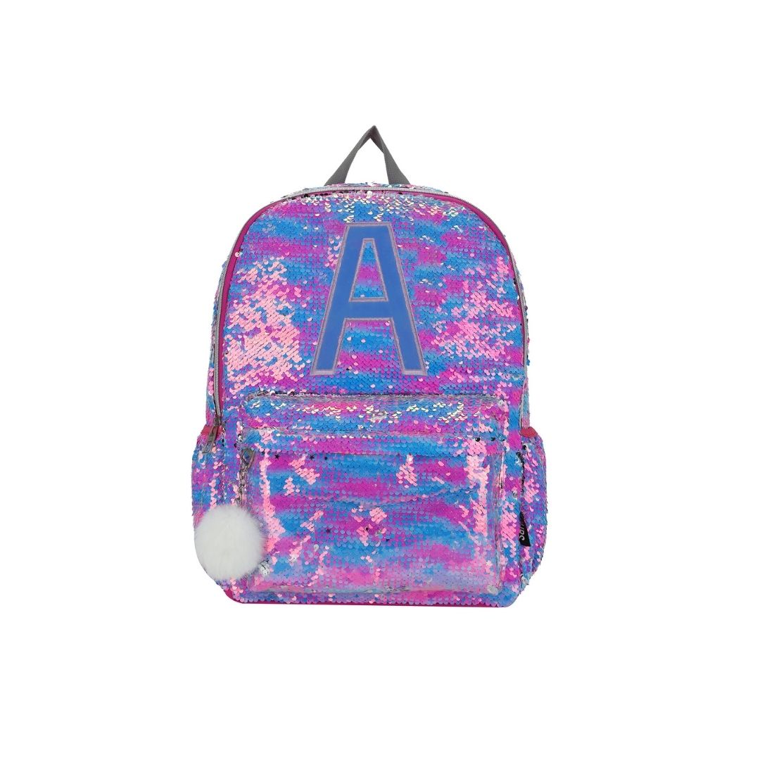 Multicolor junior student sequin backpack with letter A