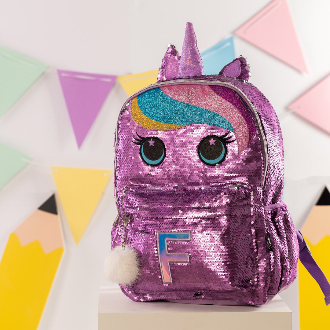 Cute purple Unicorn junior student sequin backpack with Letter F