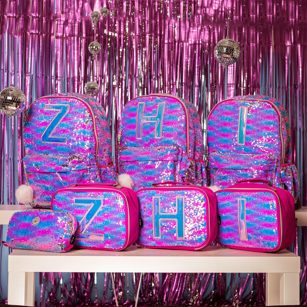Multicolor junior student sequin backpack with letter I