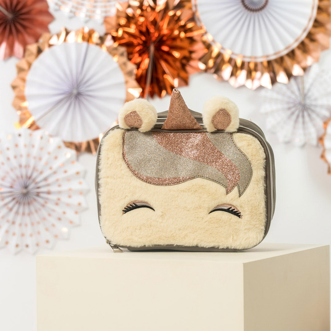 Matt gold Sequin and Fur Unicorn lunch bag